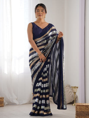 Rajwada Navy Blue Georgette Sequins Saree With Unstitched Blouse For Women