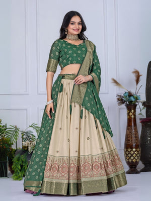 Rajwada Beige And Green Silk Blend Printed Semi-Stitched lehenga For Women
