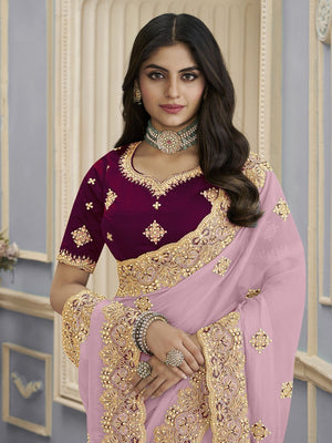Rajwada Light Pink Georgette Embellished Elegant Saree For Women