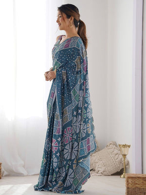 Rajwada Teal Blue Silk Blend Bandhini Print & Cutwork Saree For Women