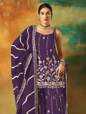 Rajwada Purple Georgette Embroidered Semi-Sitched Kurta Set For Women