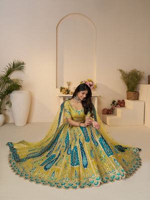 Rajwada Yellow Banarasi Silk Embroidered Semi-Stitched Lehenga For Women