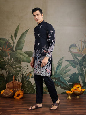 Rajwada Black Viscose Silk Embroidered Stitched Kurta For Men