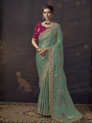 Rajwada Teal Green Satin Embroidered Saree For Women
