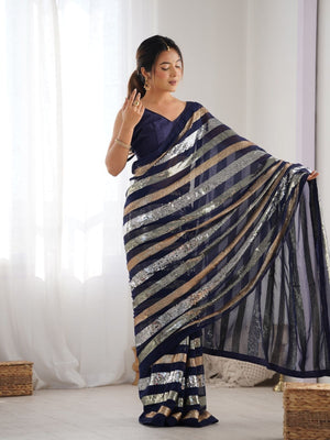 Rajwada Navy Blue Georgette Sequins Saree With Unstitched Blouse For Women