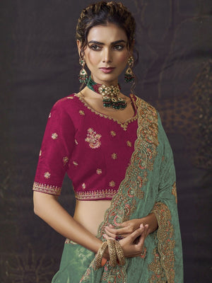 Rajwada Teal Green Satin Embroidered Saree For Women