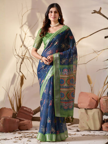 Rajwada Green Linen Cotton Printed Saree For Women
