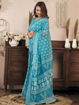 Rajwada Sky Blue Cotton Linen Zari Work Saree For Women