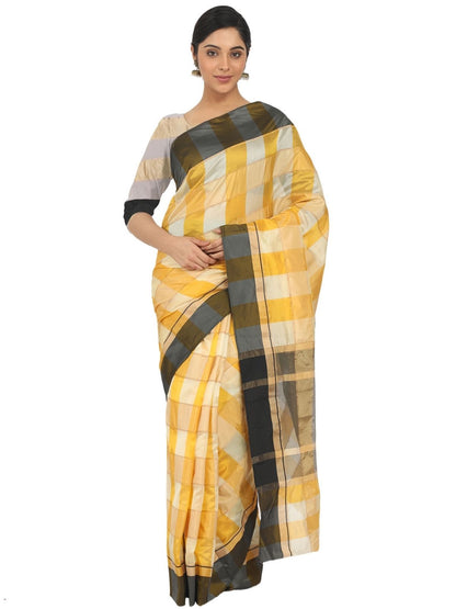 Rajwada Yellow Silk Blend Checked Saree For Women