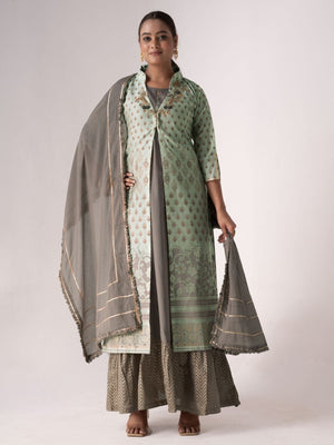 Rajwada Grey And green Art Silk Printed And Embroidered Semi-Stitched Kurta Set For Women
