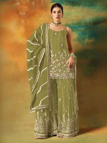 Rajwada Green Georgette Embroidered Semi-Sitched Kurta Set For Women