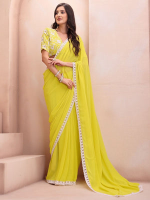 Rajwada Light Yellow Georgette Embroidered Saree For Women