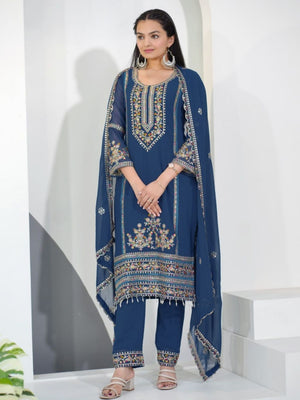 Rajwada Teal Blue Georgette Sequence Embroidery Stitched Kurta Set Women