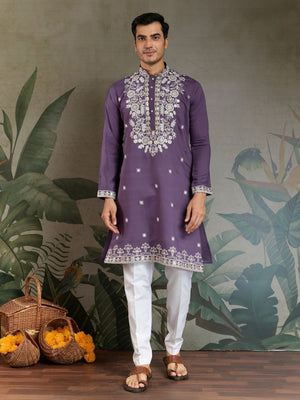 Rajwada Purple Viscose Silk Embroidered Stitched Kurta For Men