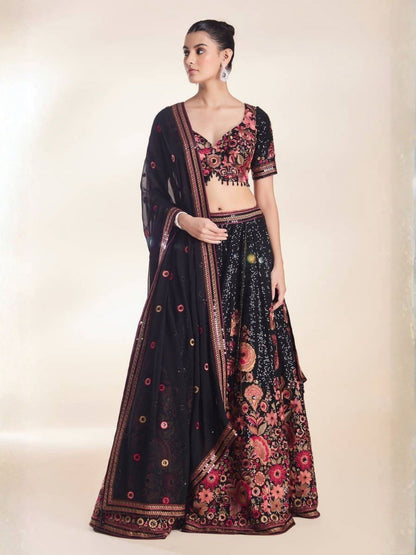 Rajwada Black Georgette Embellished Semi Stitched Lehenga For Women