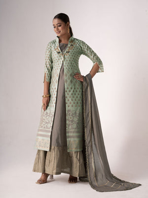 Rajwada Grey And green Art Silk Printed And Embroidered Semi-Stitched Kurta Set For Women