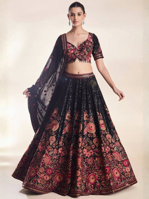 Rajwada Black Georgette Embellished Semi Stitched Lehenga For Women