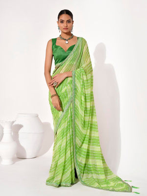 Rajwada Light Green Cotton Linen Embroidered Striped Saree For Women