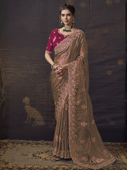Rajwada Peach Satin Embroidered Saree For Women