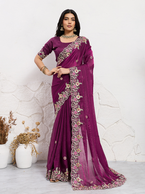 Rajwada Wine Chiffon Embroidered Saree For Women