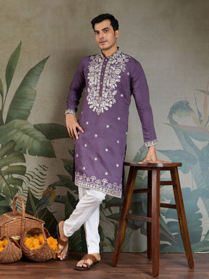 Rajwada Purple Viscose Silk Embroidered Stitched Kurta For Men