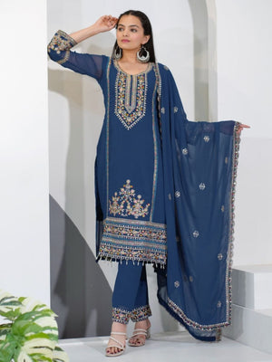 Rajwada Teal Blue Georgette Sequence Embroidery Stitched Kurta Set Women