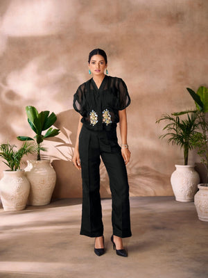 Rajwada Black Organza Embellished Stitched Co-Ord Set For Women