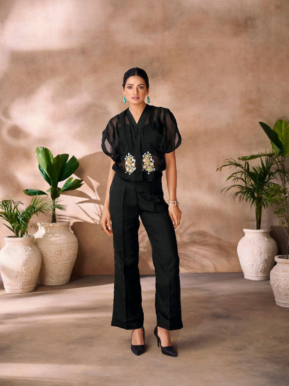 Rajwada Black Organza Embellished Stitched Co-Ord Set For Women