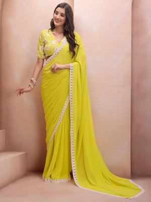 Rajwada Light Yellow Georgette Embroidered Saree For Women
