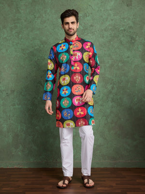Rajwada Multicolor Rayon Printed and Embroidered Stitched Kurta For Men
