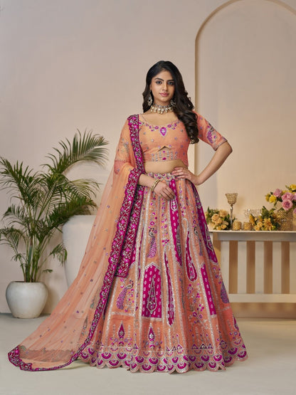 Rajwada Orange Banarasi Silk Embroidered Semi-Stitched Lehenga For Women
