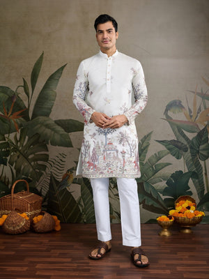 Rajwada White Viscose Silk Embroidered Stitched Kurta For Men