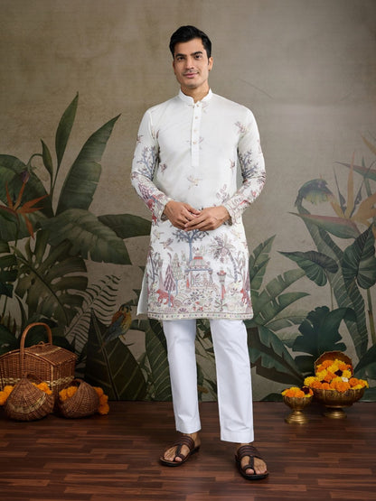 Rajwada White Viscose Silk Embroidered Stitched Kurta For Men