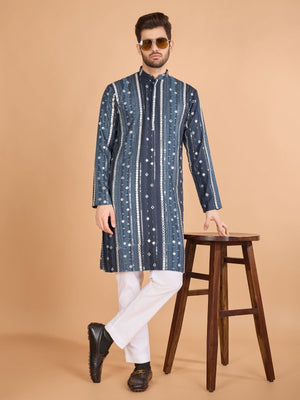 Rajwada Grey Viscose Rayon Embroidered Stitched Kurta For Men