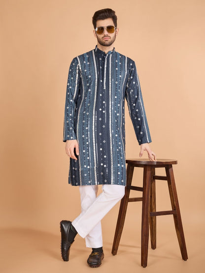 Rajwada Grey Viscose Rayon Embroidered Stitched Kurta For Men