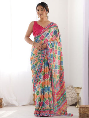 Rajwada Multicolor Silk Blend Bandhini Print & Cutwork Saree For Women
