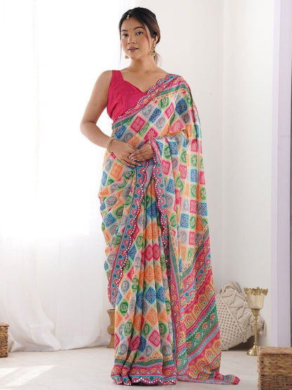 Rajwada Multicolor Silk Blend Bandhini Print & Cutwork Saree For Women