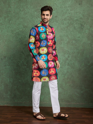 Rajwada Multicolor Rayon Printed and Embroidered Stitched Kurta For Men