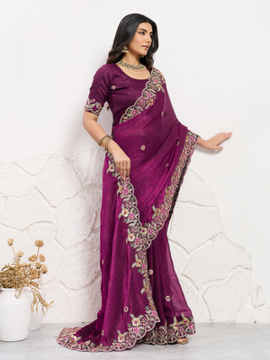 Rajwada Wine Chiffon Embroidered Saree For Women