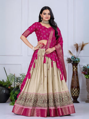 Rajwada Beige And Pink Silk Blend Embroidered Semi-Stitched lehenga For Women