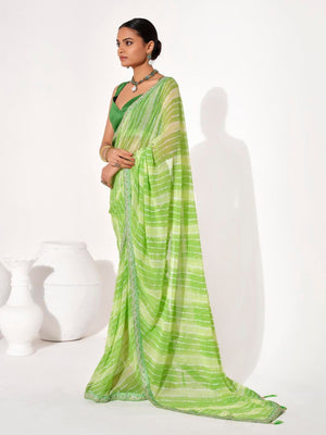 Rajwada Light Green Cotton Linen Embroidered Striped Saree For Women