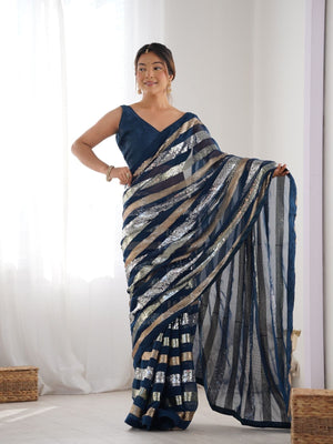 Rajwada Dark Blue Georgette Sequins Saree With Unstitched Blouse For Women