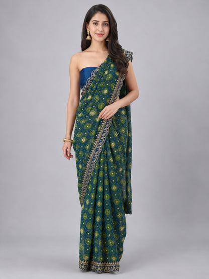 Teal Blue Silk Blend Printed Saree
