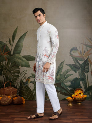 Rajwada White Viscose Silk Embroidered Stitched Kurta For Men