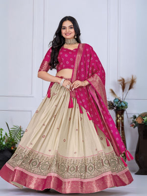 Rajwada Beige And Pink Silk Blend Embroidered Semi-Stitched lehenga For Women