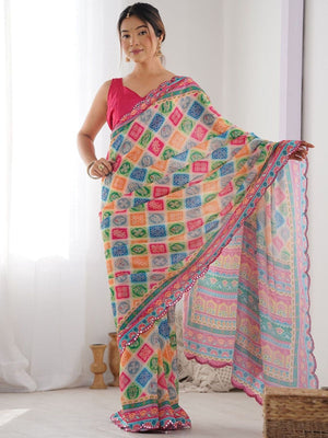 Rajwada Multicolor Silk Blend Bandhini Print & Cutwork Saree For Women