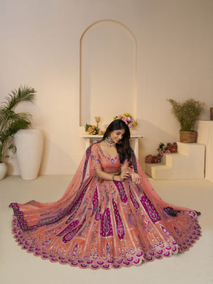 Rajwada Orange Banarasi Silk Embroidered Semi-Stitched Lehenga For Women