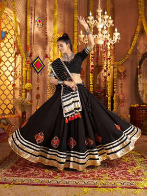 Rajwada Black Viscose Rayon Rabari Work Semi-Stitched lehenga With Stunning Tassels For Women