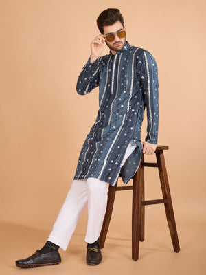 Rajwada Grey Viscose Rayon Embroidered Stitched Kurta For Men