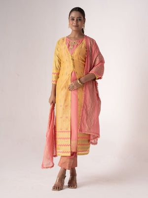 Rajwada Peach And Yellow Art Silk Printed And Embroidered Semi-Stitched Kurta Set For Women